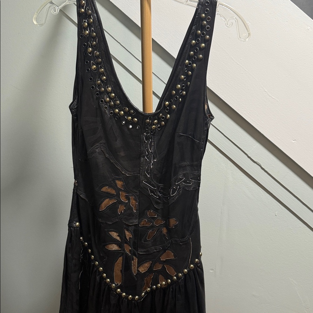 90s vintage Boho Studded Fringe Dress — Black & Bronze Cutout Detail leather - Picture 2 of 7